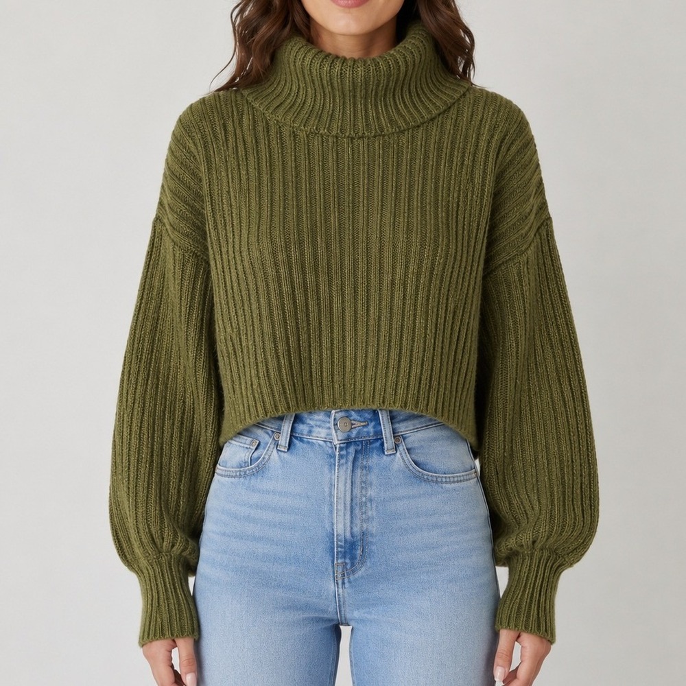 Urban Outfitters Green‎ Cropped Balloon Sleeve Cowl Neck Sweater Size Small
